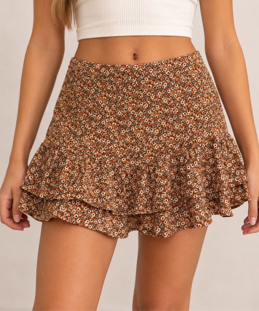 Zara Girls 11-12 Floral Ruffle Mini Skirt Brown Cottagecore Boho